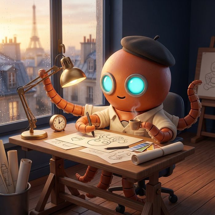 Neo sketching a campaign at a drawing table