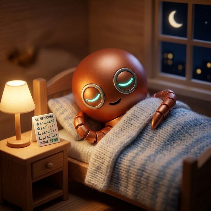 Neo asleep in a tiny bed, sleep score on the nightstand