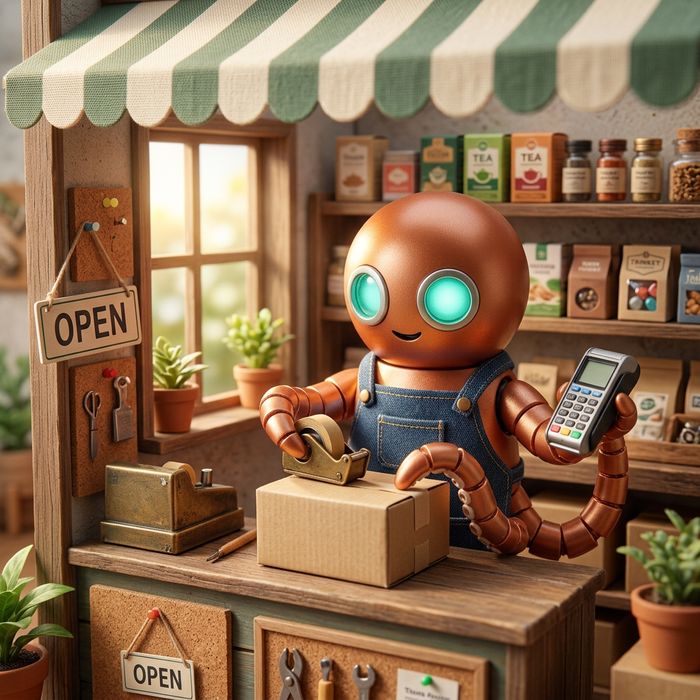 Neo behind the counter of its little shop, OPEN sign up