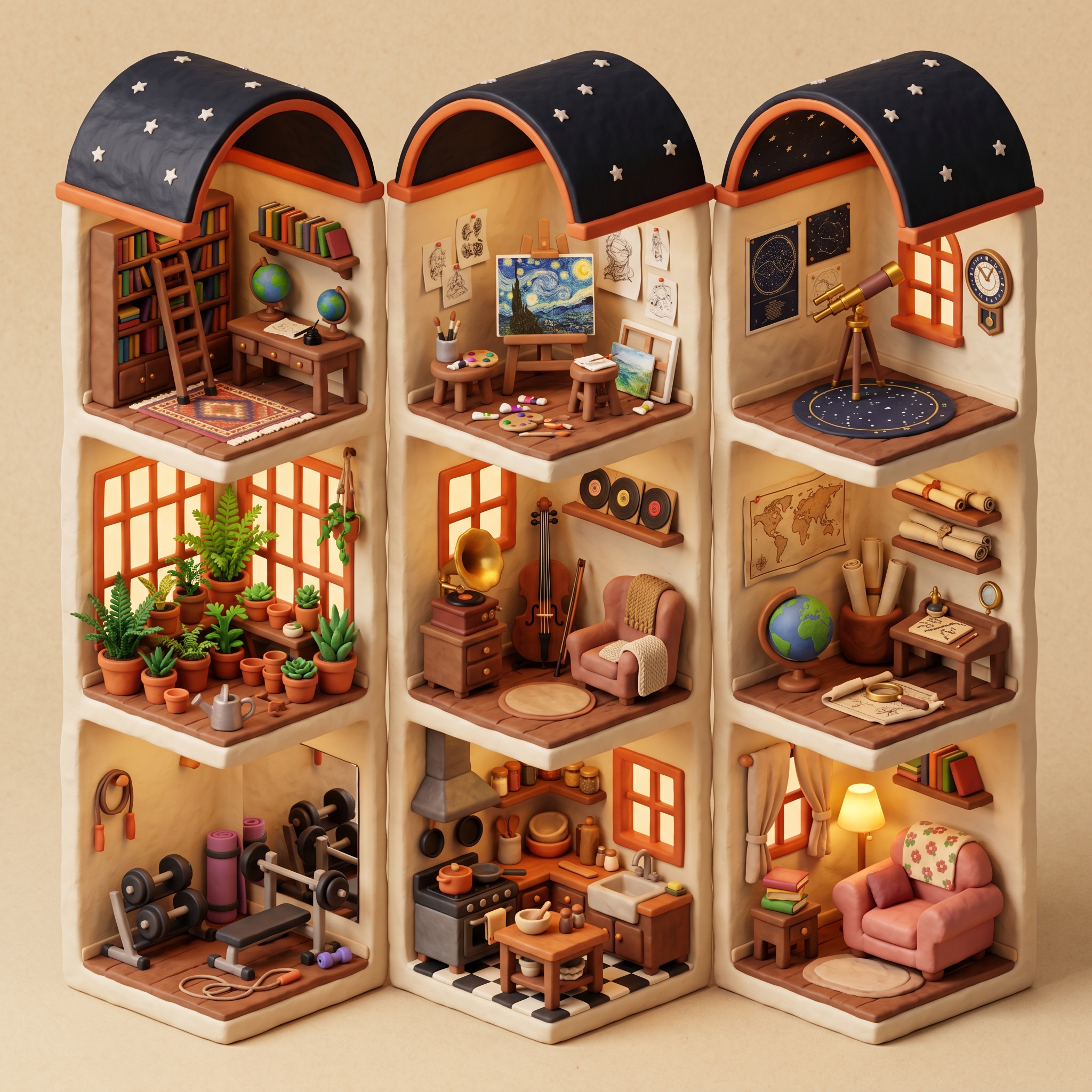 a clay cross-section of nine rooms, every interior different, no doors between them